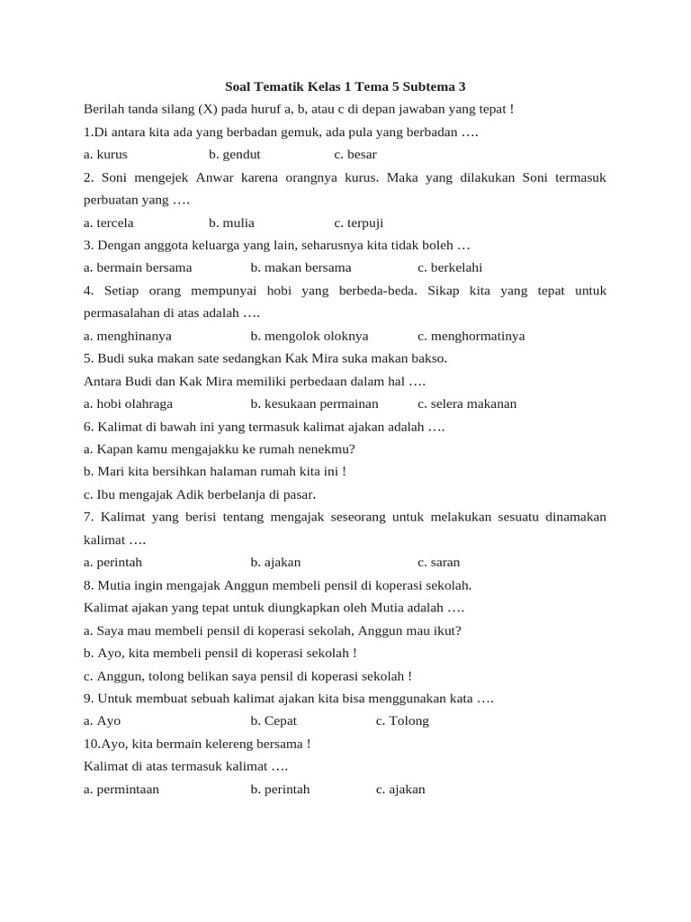 Soal Tematik Kelas 1 Tema 5 Subtema 3 PDF
