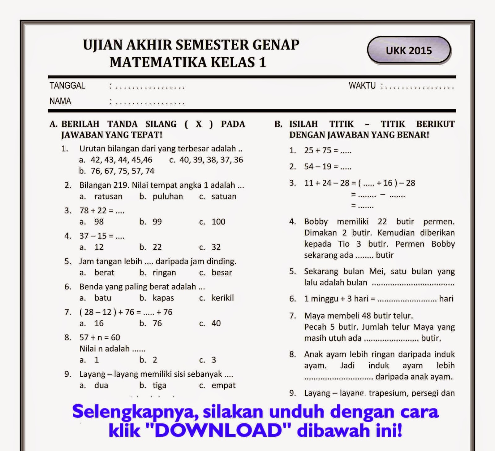 Sebelum Terlambat, Kuasai Bank Soal UAS Matematika Kelas 4 SD Semester 1 Ini