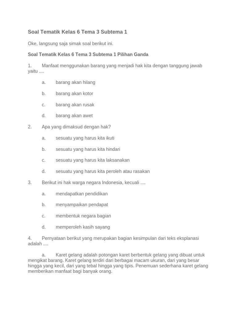 Soal Tematik Kelas 6 Tema 3 Subtema 1 PDF Soal Tematik Kelas 6 Tema 3 Subtema 1 PDF