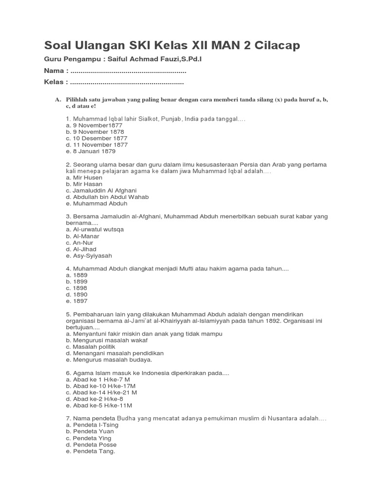 Soal Ulangan SKI Kelas XII MAN 2 PDF Soal Ulangan SKI Kelas XII MAN 2 PDF