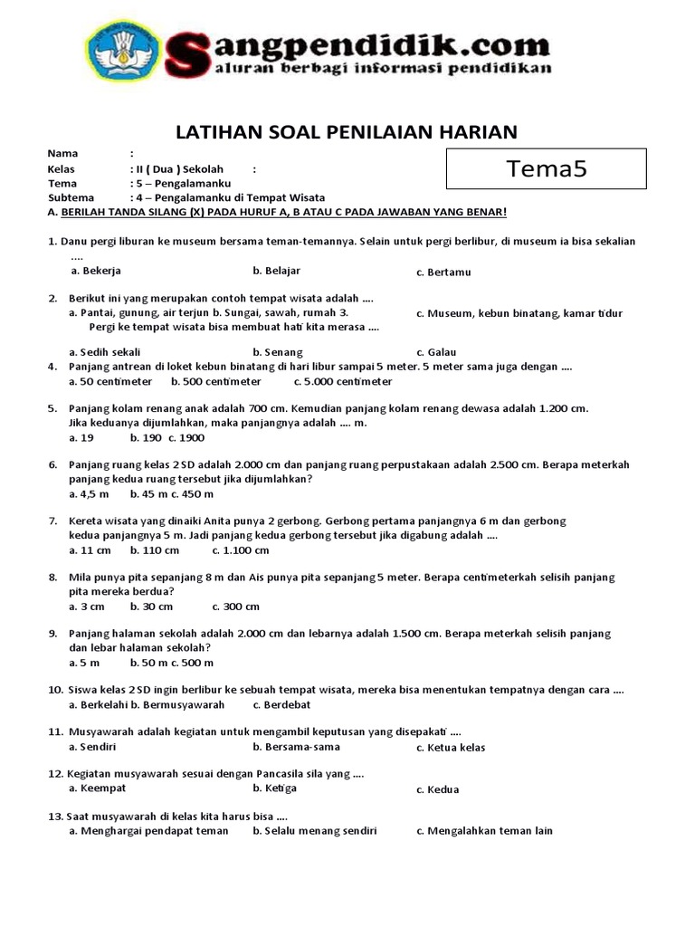 Soal Tematik Kelas 2 SD Tema 5 Subtema 4 Pengalaman Di Tempat Wisata
