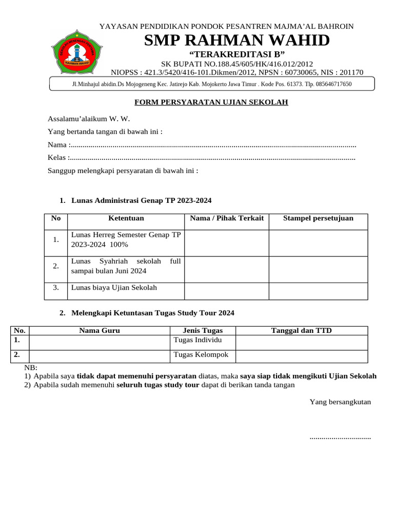 Form Persyaratan Ujian Sekolah PDF