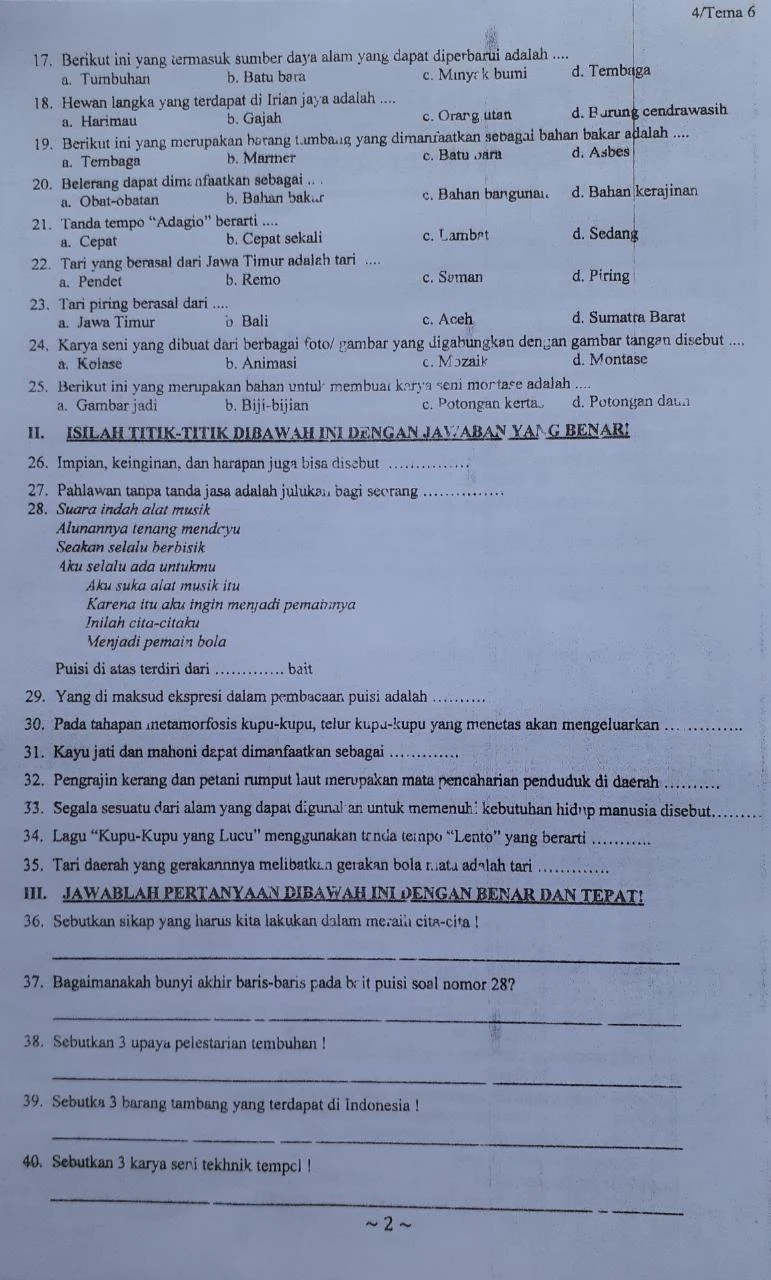 Contoh soal tema 6 kelas 4 SD MI Semester genap Cita-citaku