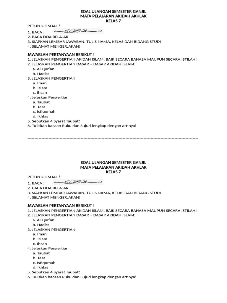 Download Gratis Soal Aqidah Kelas 7 Semester 2 File Doc Terlengkap dan Akurat