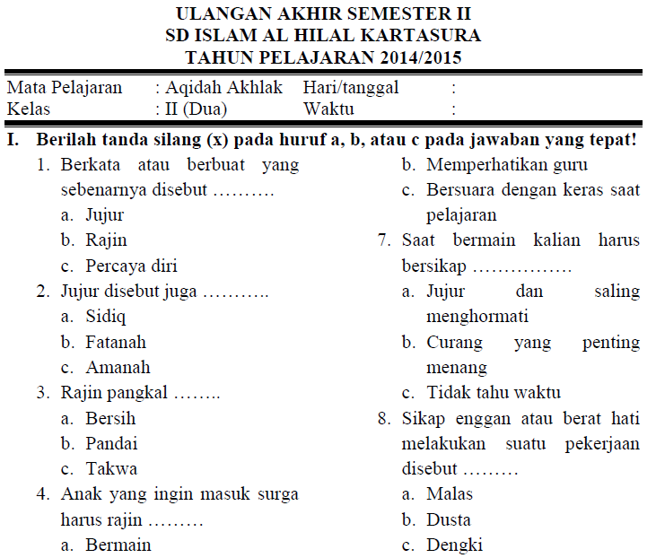Wajib Tahu Bocoran Soal Aqidah Kelas 2 Semester 2 UTS Agar Nilai Anak Sempurna