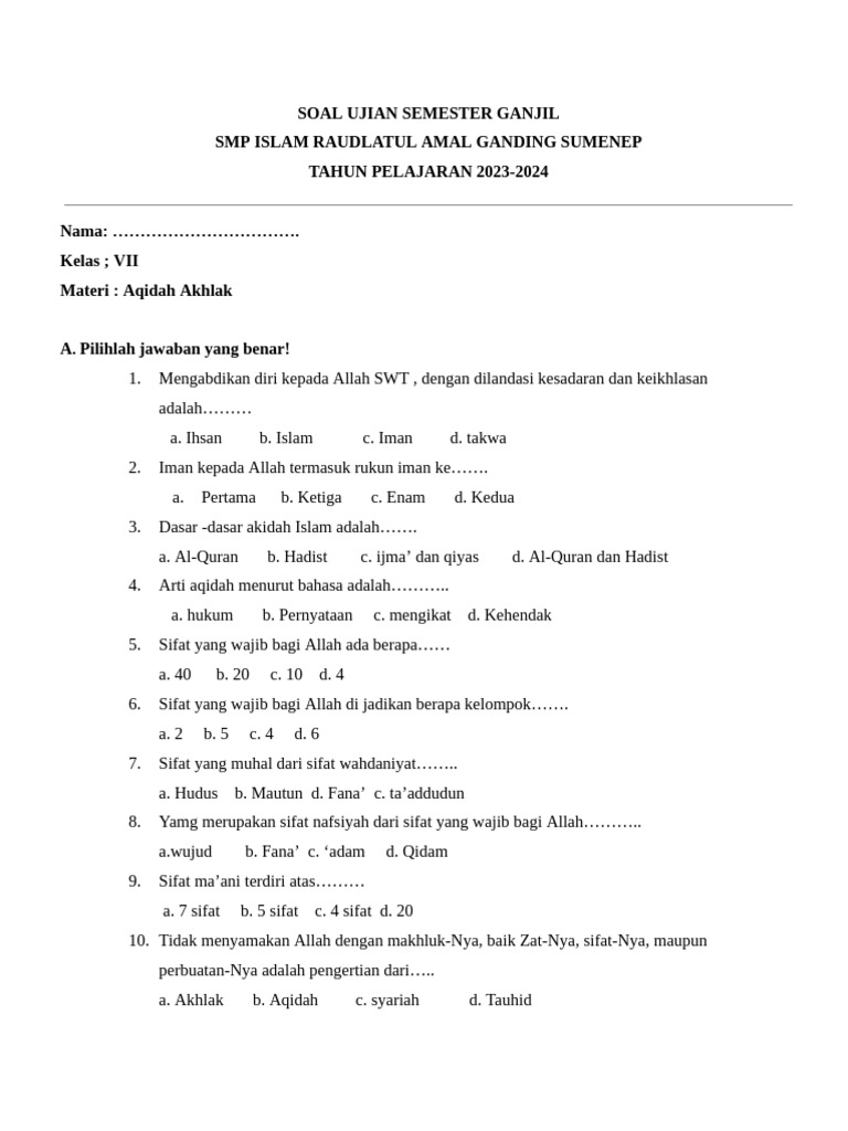 Wajib Tahu Bocoran Soal Aqidah Kelas 7 Tengah Semester 2 Agar Nilai Langsung Melonjak Wajib Tahu Bocoran Soal Aqidah Kelas 7 Tengah Semester 2 Agar Nilai Langsung Melonjak
